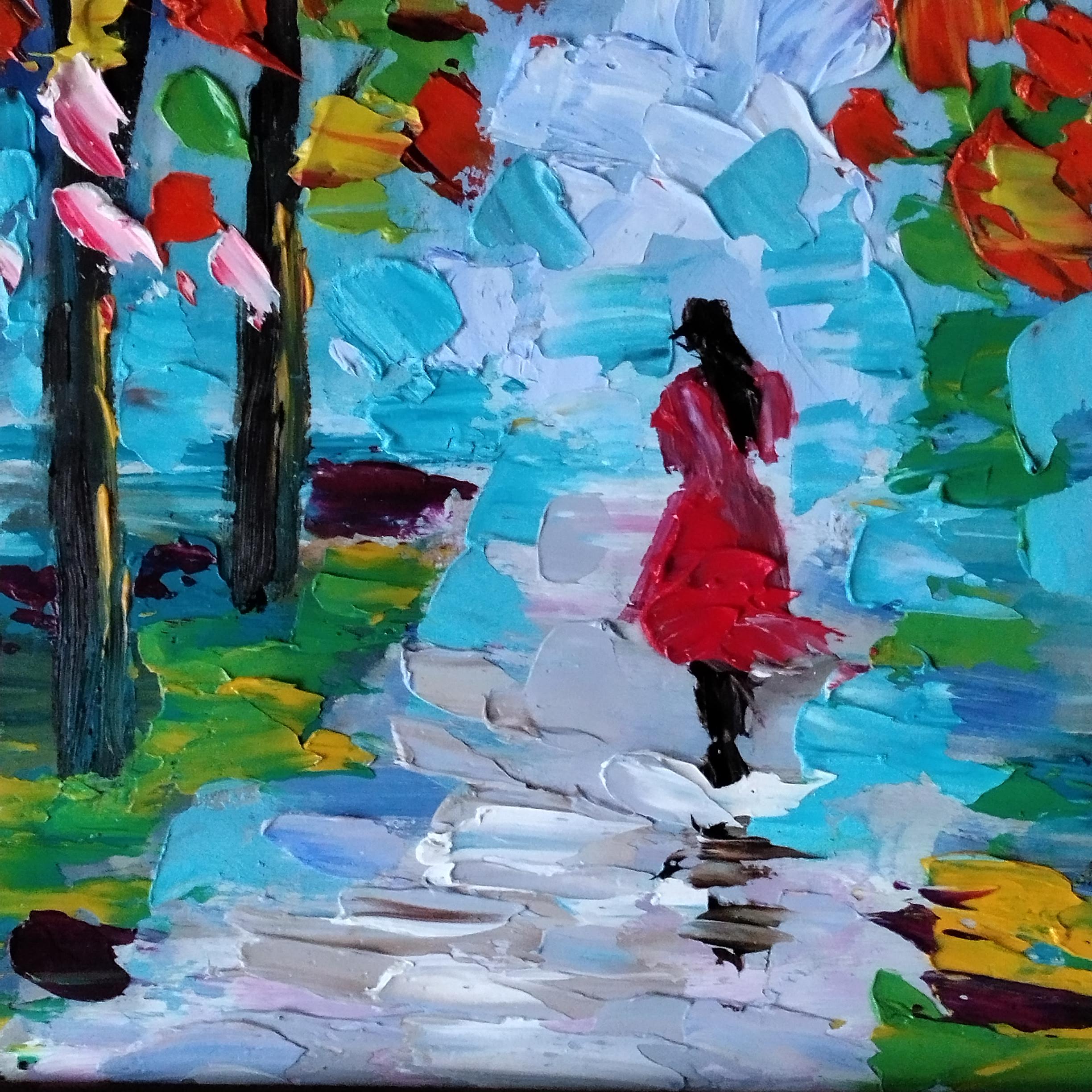 Original Oil Painting: Colorful Autumn Park Landscape, Framed