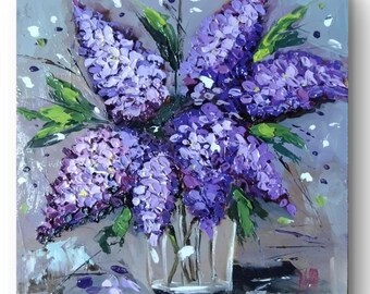 手作りのライラック油絵：花瓶アート、7.8インチ - Etsy 日本