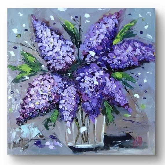 手作りのライラック油絵：花瓶アート、7.8インチ - Etsy 日本
