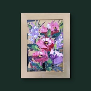 A small painting in a gold frame Original floral oil work Abstract art work Wall art handmade colorful Painting with gold impasto still