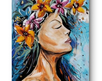 XL 抽象画（青と金）: キャンバスに描かれたテクスチャーのある