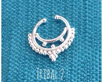 Tribal 2 * SALE * Fake Septum Nose Ring (Clip on) Silver,  Indian Nose Ring, Belly Dance, Burning Man, Fake Septum  Piercing