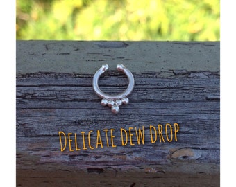 Delicate Dew Drop/ NS11/ Fake Septum Nose Ring (Clip on) Sterling Silver,  Indian Nose Ring, Belly Dance, Burning Man, Fake Septum Ring