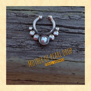 Mother of Pearl Drop Faux Septum Nose Ring (Clip on) / NS9/ Sterling Silver