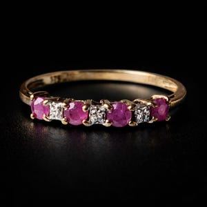 9ct Gold Ruby & Diamond Ring – Vintage Half Eternity Band! Hallmarked and with Box!