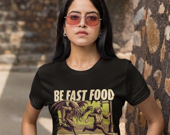 Be Fast Food (Female) T-Shirt - Funny Cthulhu Design - Geeky Graphic Tee for Elder Gods, Eldritch Horror Fans and Active Fit Gamers