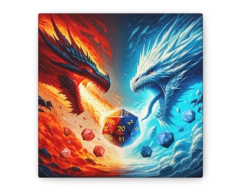 Ice Dragon vs Fire Dragon Canvas Print - Epic Fantasy Battle Artwork for TableTop RPG TTRPG Enthusiasts and Gamers