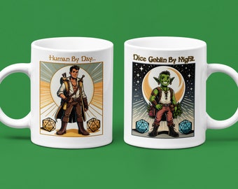 Dice Goblin by Night, Human by Day (Male) Mug - Imaginative Drinkware for Coffee-Loving RPG Players, Math Rocks and Dice Lovers