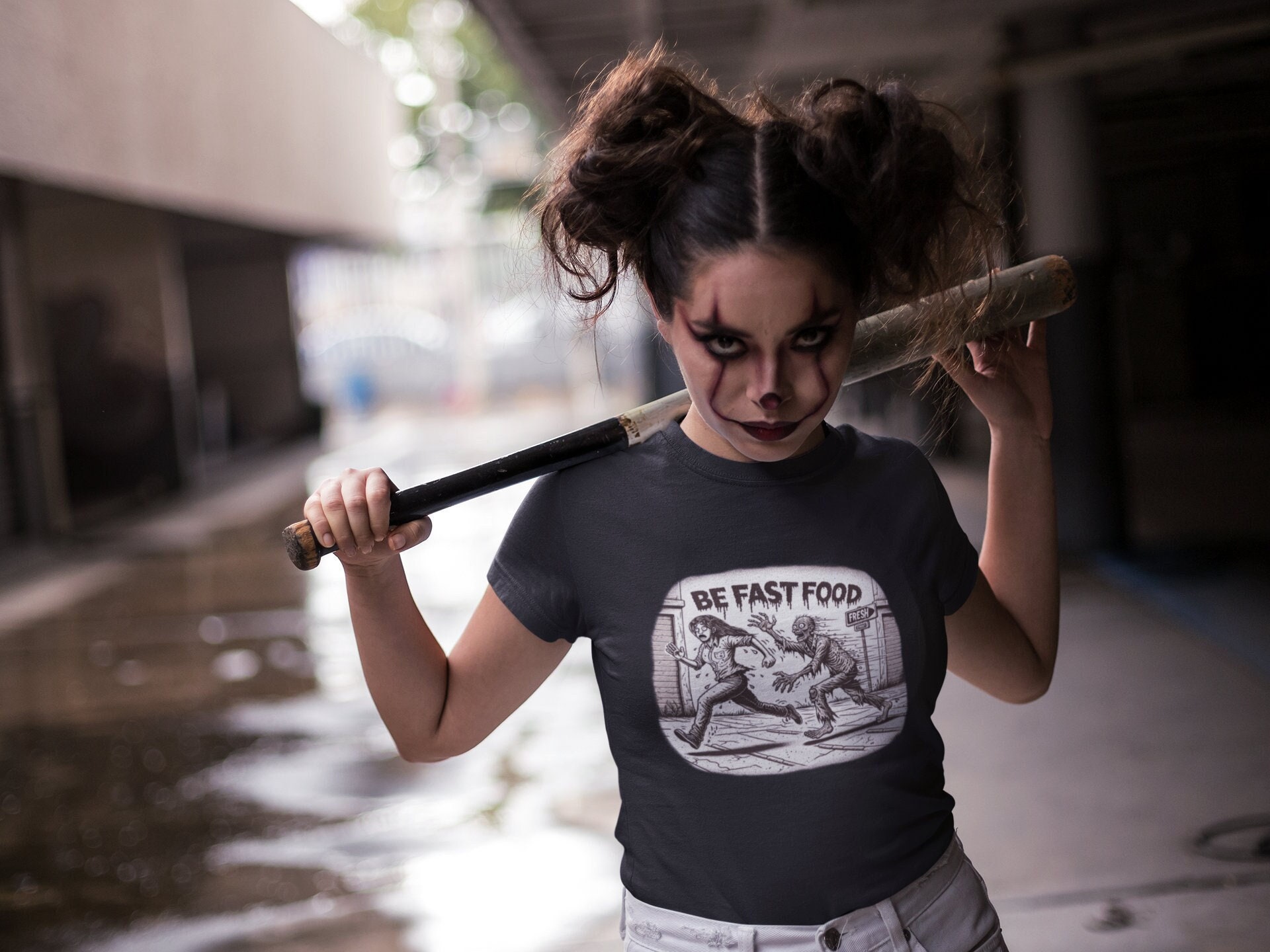 Be Fast Food T-Shirt (Zombie Female) - Funny Horror Tee for Halloween, Geeky Zombie Art T-Shirt, Spooky Apparel for Survival Enthusiasts