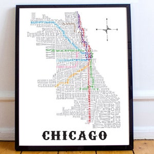 Chicago Neighborhood Train map 11 x 14in Print