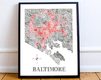 Baltimore Neighborhood Map with Crab 11x14in print