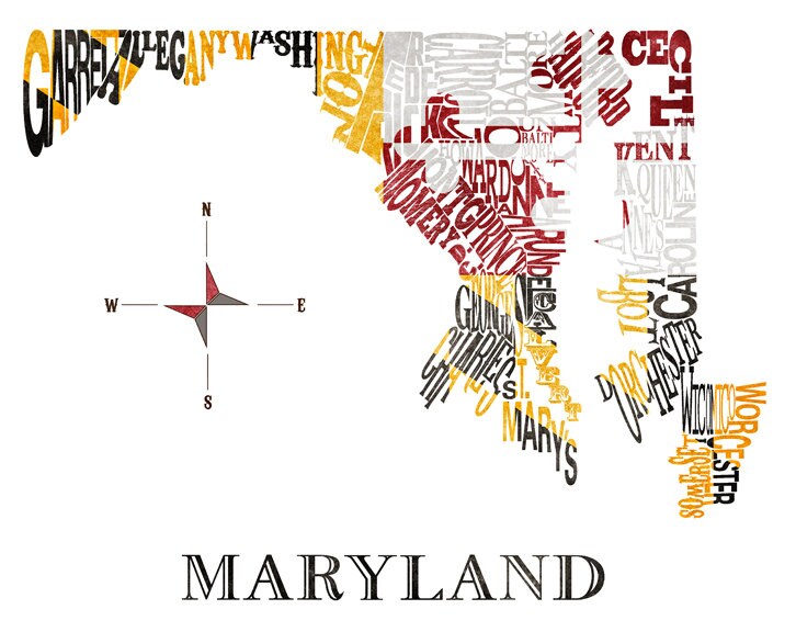 Maryland Counties Map With Antique Flag 11x14in Print Etsy