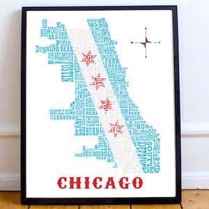 Chicago Neighborhood Map with Chicago Flag 11x14in print