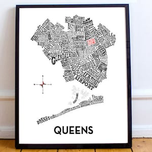 May include: A black and white typography map of Queens, New York City. The map is made up of the names of neighborhoods in Queens, with the word "Queens" in large letters at the bottom. The neighborhood of "Flushing" is highlighted in red.