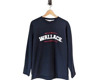 Vintage Rusty Wallace Miller Lite Crewneck Sweatshirt Men's Large Navy Blue Embroidered NASCAR