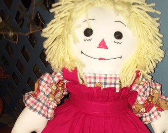 Classic Ivory 20" Raggedy Ann Handmade doll-Soft doll-Rag doll-baby doll-Keep Sake doll with hand embroidered face and yellow hair