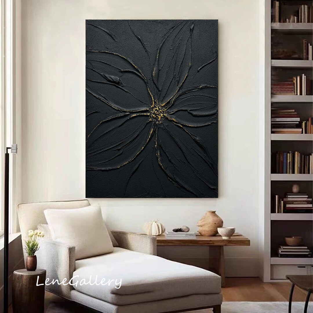 Black and Gold Textured Wall Art,black 3D Abstract Painting,black
