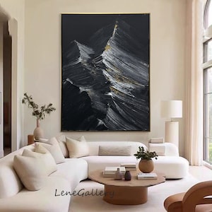 Schwarzes strukturiertes 3D-Gemälde, schwarzes 3D-minimalistisches Gemälde, großes schwarzes abstraktes Bild, schwarzer Berg strukturiertes Bild