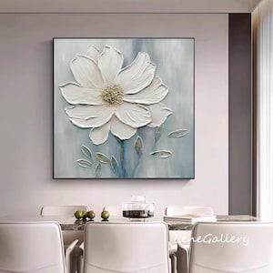 3D Style Textured Wall Art,Original White Flower Heavy Texture Art,Abstract Floral Art,Living Room Decor