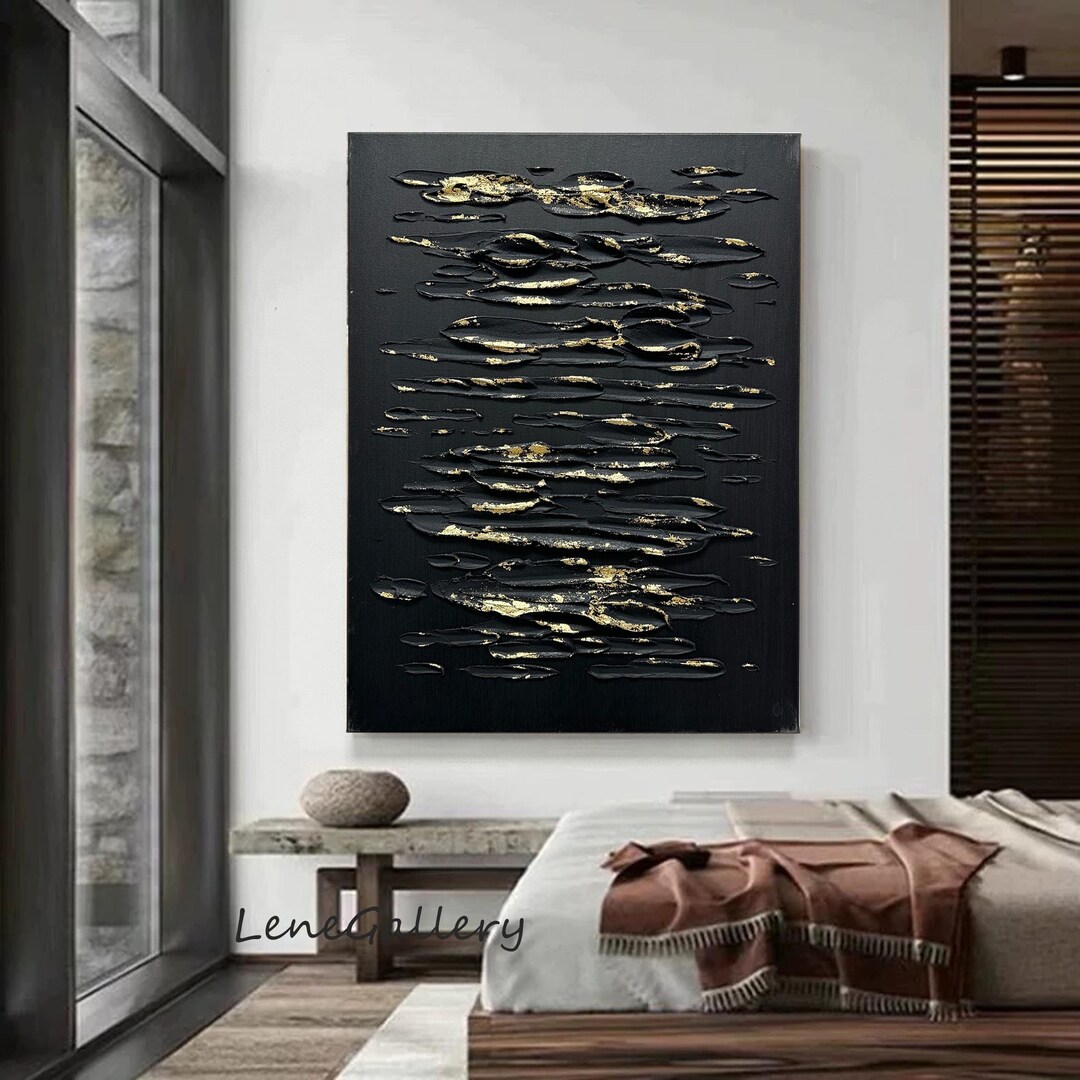 Black and Gold Textured Wall Art,black 3D Abstract Painting,black