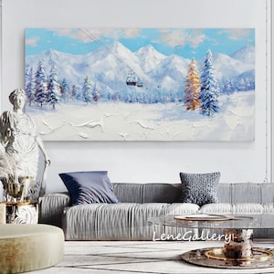 Colorful Pine Tree Hand Painting,Ski Sport Art,White Ski Canvas Oil Painting, Ski Resort Texture Art, Custom Forest Scenery Wall Decor Art