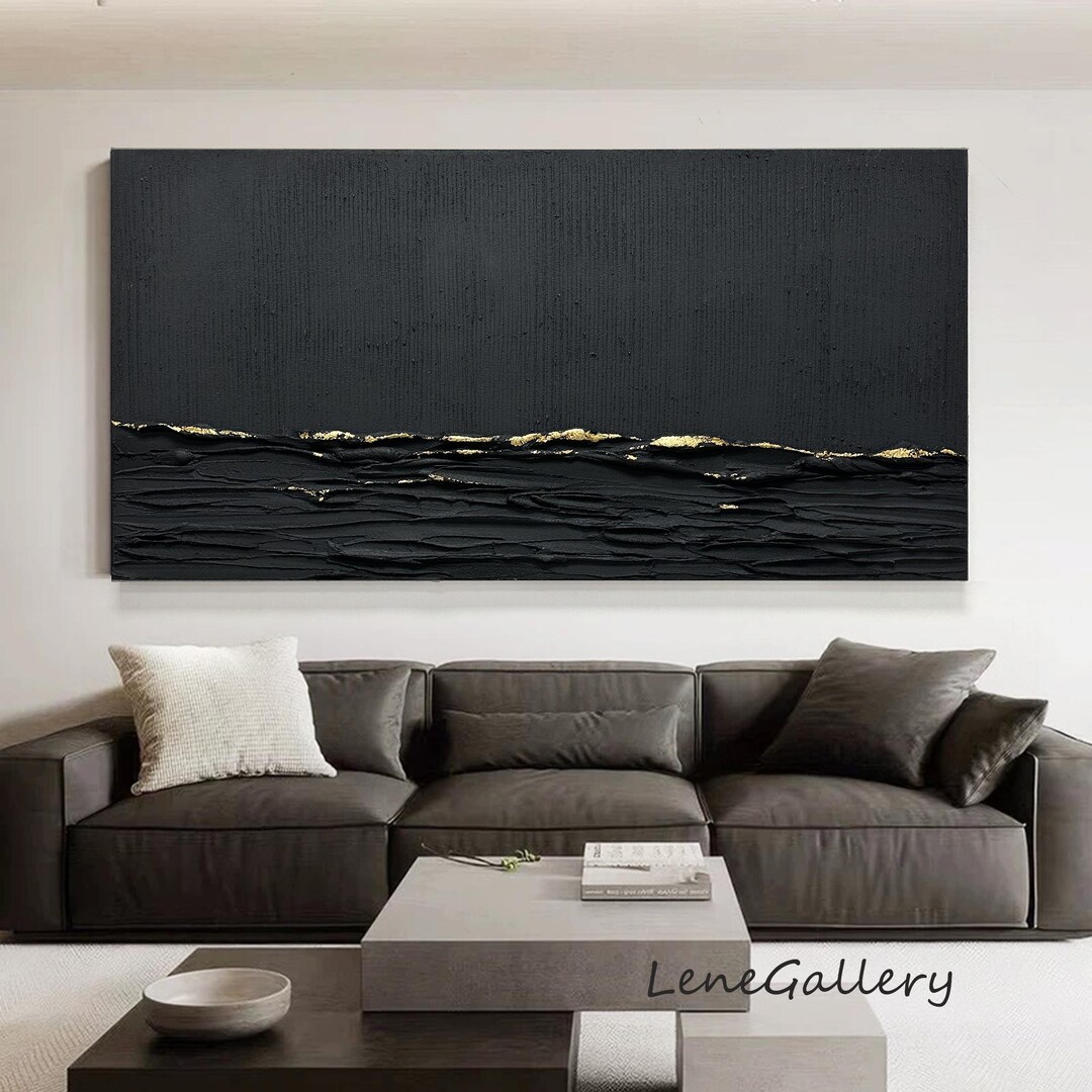 Black and Gold Textured Wall Art,black 3D Abstract Painting,black