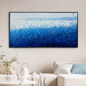 Natuur interieur blauwe heermoes olieverfschilderij, origineel olieverfschilderij abstracte kunst op canvas, woonkamer schilderij kerstcadeau