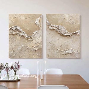 3D Textured Wall Art,Beige Textured Abstract Painting Set of 2,Ocean Waves Painting 2 pieces,Beige Abstract Painting,Living Room Art