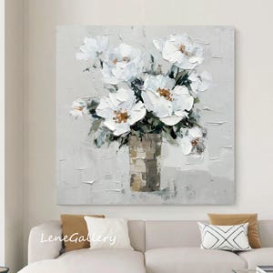 3D Style Textured Wall Art,Original White Flower Heavy Texture Art,Abstract Floral Art,Living Room Decor