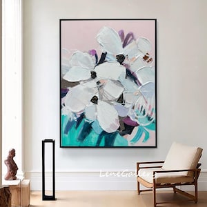 Abstract Flower Oil Painting on Canvas, Large Wall Art, Original Minimalist Pink Floral Art,Custom Painting ,Modern Living Room Decor