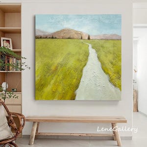 Arte murale su tela con paesaggio astratto, dipinto a olio originale su tela con campo di grano dorato, grande arte murale minimalista, arte murale con texture in stile 3D