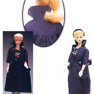 May include: A vintage doll wearing a dark blue coat dress with a black collar and a colorful polka dot top. The doll has blonde hair and is wearing white gloves and black heels. The image includes the text "APF # 082 Easter Parade."