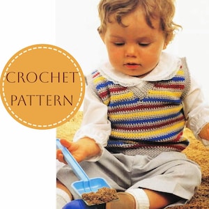 May include: A crochet pattern for a striped vest with a V-neck. The vest is in shades of yellow, blue, red, and brown. The pattern is shown on a young child playing in the sand.