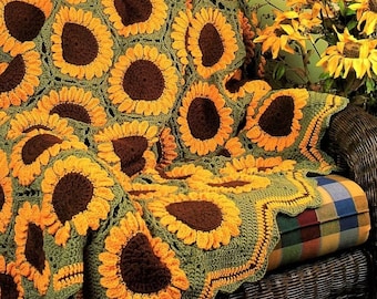 Schema per coperta all'uncinetto con girasoli in PDF Coperta da giardino vintage Coperta all'uncinetto con girasole, dimensioni 59x87 pollici, 10 strati