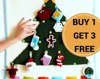 May include: A crocheted Christmas advent calendar shaped like a Christmas tree with 23 numbered pockets. The tree is decorated with crocheted ornaments. The text "BUY 1 GET 3 FREE" is in a circle on the right side of the image.