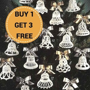 May include: A Christmas tree decorated with 16 white crocheted bells with silver and gold bows. The text "BUY 1 GET 3 FREE" is on a yellow circle.