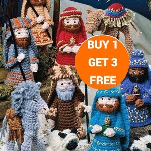 May include: A crocheted nativity scene featuring figures of Mary, Joseph, baby Jesus, a donkey, a shepherd, and two sheep. The figures are all dressed in traditional clothing and are standing on a brown surface. The text "BUY 1 GET 3 FREE" is displayed on a large orange circle.