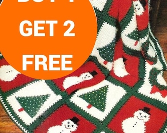 Vintage Christmas afghan pattern in PDF Christmas throw crochet pattern Bedspread Cover Snowman Square Wreath Granny Tree Retro Christmas