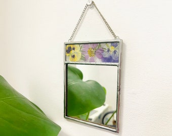 Stained glass mirror Pressed flower art Wall hanging Glass art Mirror wall decor Small wall mirror Dried flowers Vanity mirror Viola flower