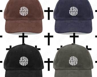Jesus saves hat embroidered text christian inspired corduroy cap religious design lid