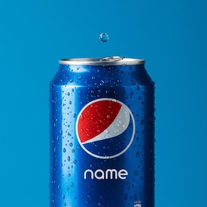 May include: A blue aluminum can with water droplets on the surface. The can has the Pepsi logo and the word "name" printed on it.