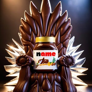 Pode incluir: Uma réplica de chocolate do Trono de Ferro da série de televisão Game of Thrones, com um pote de Nutella sentado no assento. O pote tem a palavra "name" escrita no rótulo em letras vermelhas.