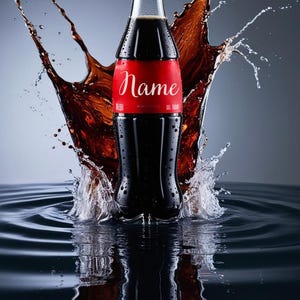 Könnte beinhalten: Eine Glasflasche Cola mit einem roten Etikett, auf dem "Name" steht, spritzt in eine Wasserpfütze. Die Cola ist dunkelbraun und die Flasche ist klar.