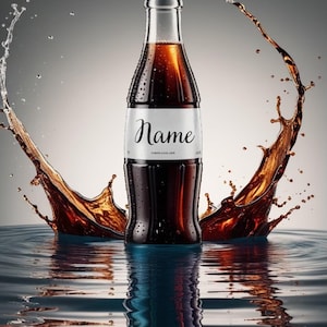 Puede incluir: Una botella de vidrio de soda marrón oscuro con una etiqueta blanca que dice "Name" está salpicando en un charco de agua. La soda está creando una gran salpicadura con un líquido marrón.
