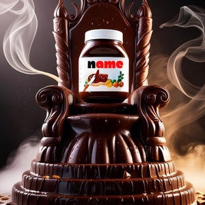 May include: A chocolate throne with a jar of hazelnut spread on top. The jar has the word "name" printed on the label. The throne is surrounded by chocolate pieces and a cloud of smoke.