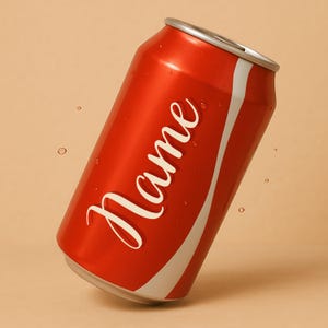 Puede incluir: Una lata de aluminio roja con una franja blanca y la palabra "Name" impresa en letras blancas cursivas. La lata está ligeramente inclinada y parece estar mojada.