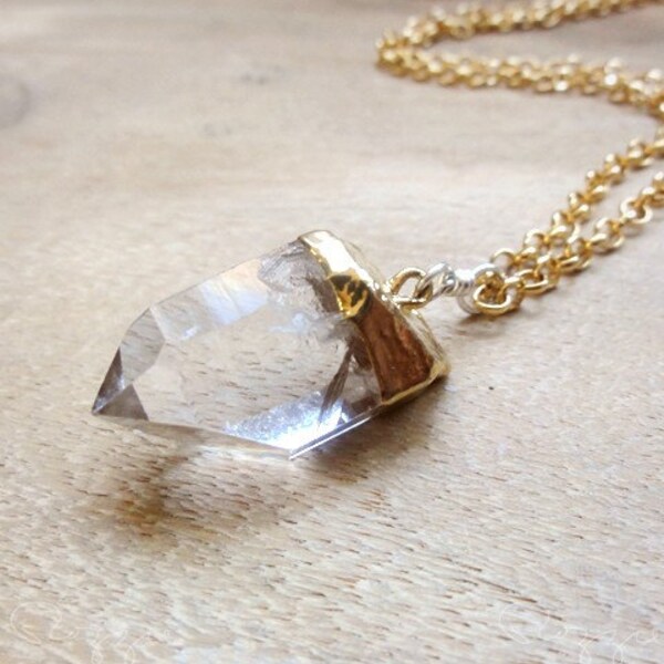 Clear Quartz Necklace, Long Gold Necklace, Gold Tone Pendant