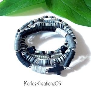 Heishi Bead, Seed Bead, Cross Bracelet, Women&#39;s Gifts, Teen Girls Gifts, Birthday Present, Christmas Present, Black and Gray