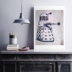 Doctor Who Art: Dalek stencil art graffiti photograph London urban art black grey pink big print poster graffiti home decor