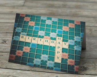 Birthday Card Scrabble Tiles notecard board game, Happy Birthday stationery, note card still life, blank inside, boardgames geeky